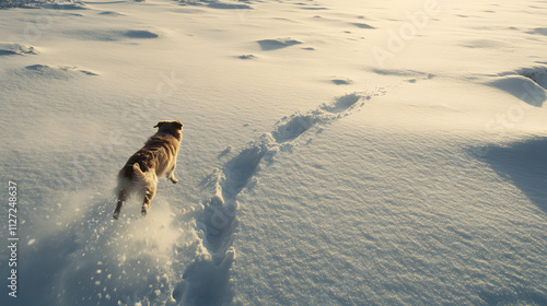 Obraz na płótnie A dog chasing after a snowball leaving deep tracks in a pristine snowy field. w salonie