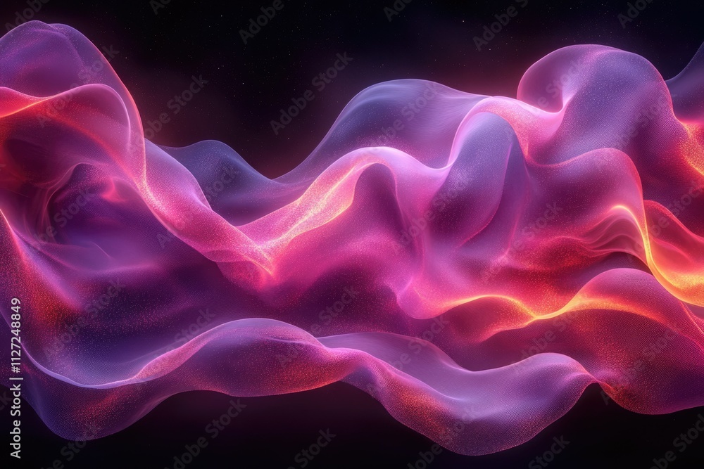 Abstract art depicting flowing, luminous fabric in shades of pink, purple, and orange against a dark background. Abstract art depicting flowing, luminous fabric in shades of pink, purple, and orange against a dark background.