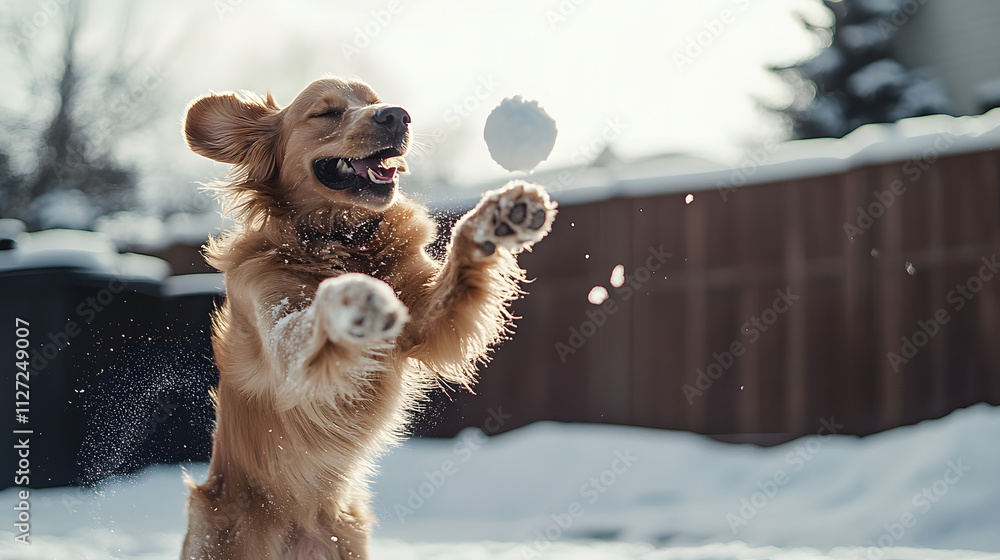 A dog joining in a snowball fight leaping to catch a snowball in mid-air.