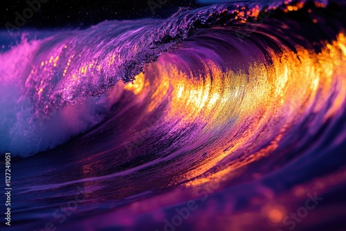 Fototapeta Naklejka Na Ścianę i Meble -  A vibrant wave at night, illuminated with purple and orange hues, creating a surreal and magical scene.