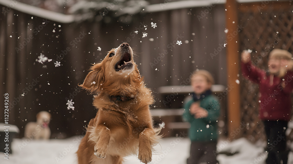 A dog jumping to catch snowflakes while kids giggle in the background.