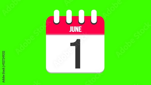 June 1. Cartoon style calendar. Cartoon style calendar with date and month name on green chroma key background. 4k.