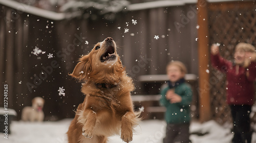 Obraz na płótnie A dog jumping to catch snowflakes while kids giggle in the background. w salonie