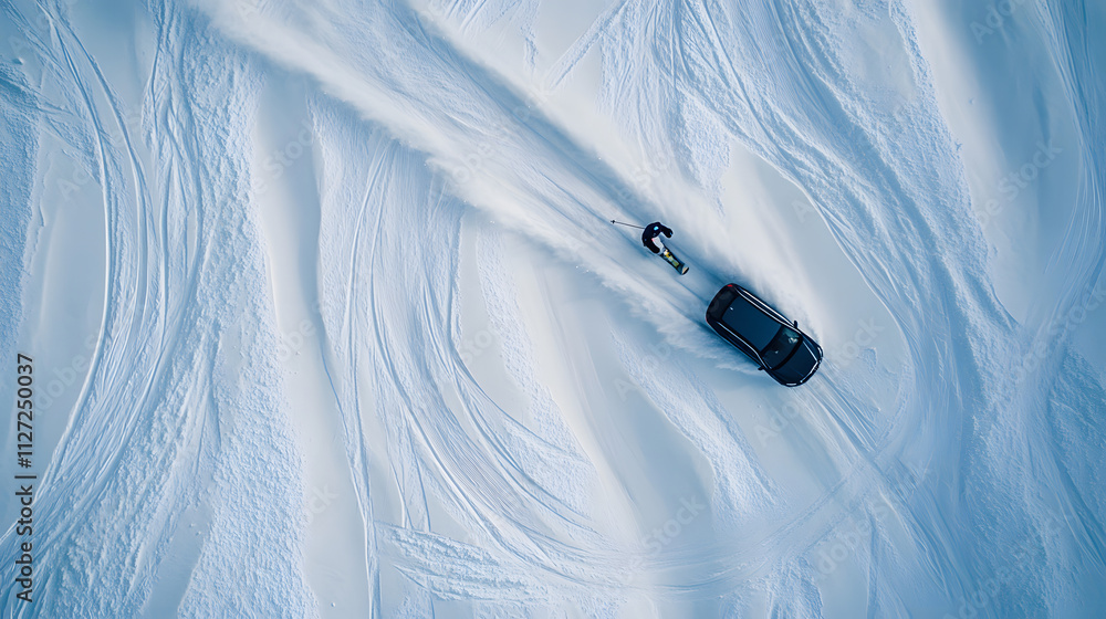 A dramatic overhead shot of a skier carving wide arcs while towed by a car on an open snowfield.