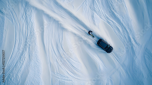 Obraz na płótnie A dramatic overhead shot of a skier carving wide arcs while towed by a car on an open snowfield. w salonie