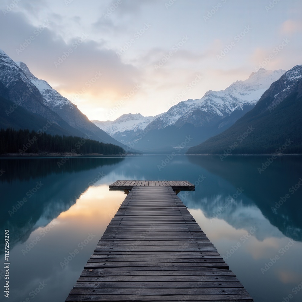 Similar dock on a calm lake with soft light Similar dock on a calm lake with soft light