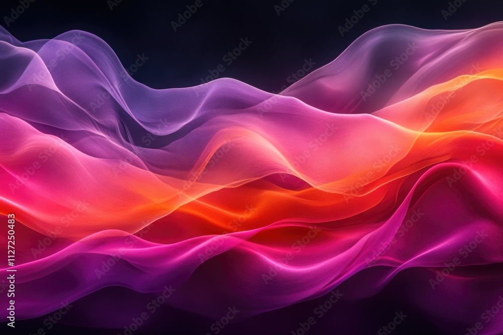 Abstract art depicting flowing, vibrant waves of purple, pink, and orange hues. Abstract art depicting flowing, vibrant waves of purple, pink, and orange hues.