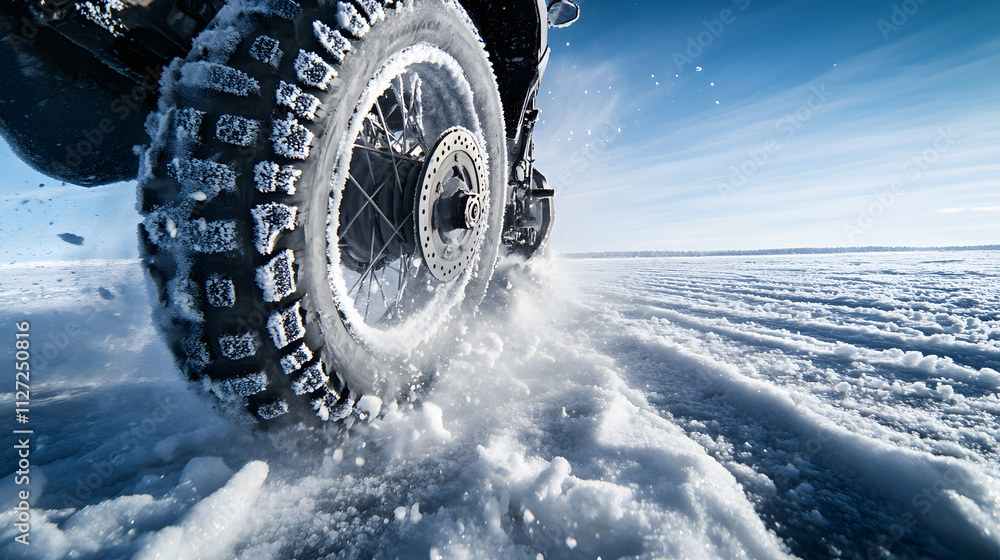 A dramatic shot of a motorcycle spinning in place creating a whirlwind of ice and snow.