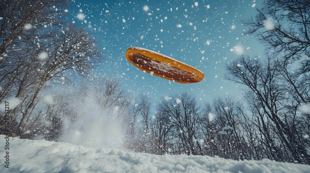A dramatic shot of a sled mid-air as it launches off a snow ramp.