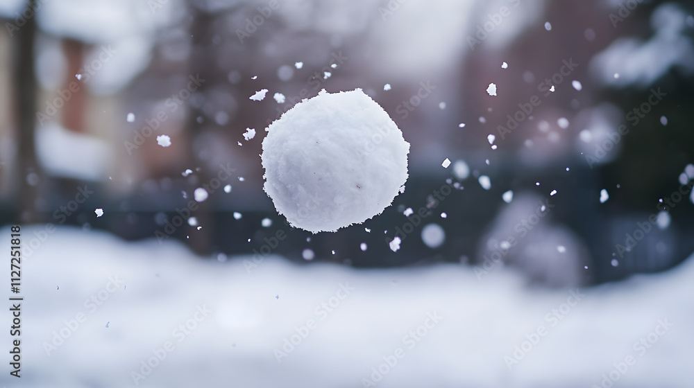 A dynamic moment of a snowball mid-air during a heated snowball fight.