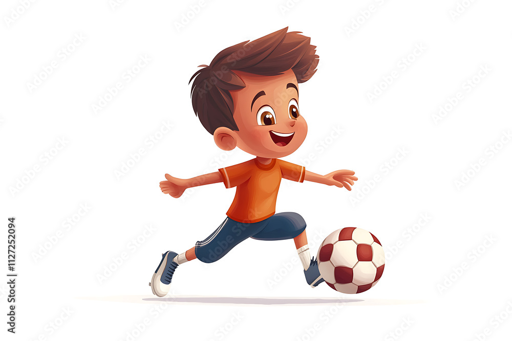 A cheerful boy running and kicking a soccer ball in a playful manner. A cheerful boy running and kicking a soccer ball in a playful manner.