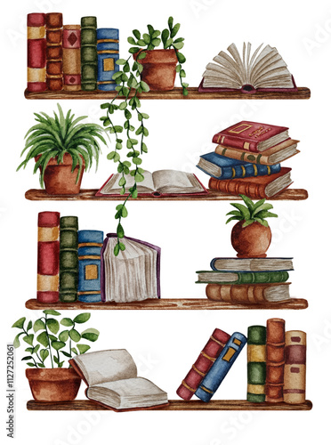 Watercolor books shelf with house plant. Library book rows, pile books on shelf with home plants in ceramic pots. Library book rows. Bookshop interior. Reading room in school, university, college.