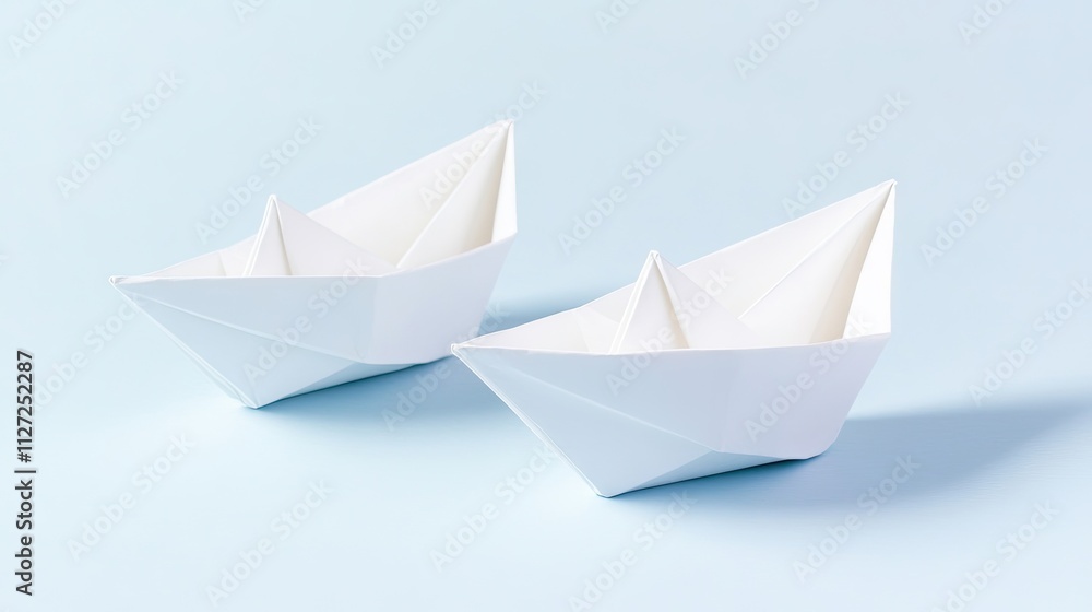 Two delicate white origami paper boats sit on a soft light blue surface, with one boat leading the other. The clean design highlights simplicity and tranquility in a professional setup Two delicate white origami paper boats sit on a soft light blue surface, with one boat leading the other. The clean design highlights simplicity and tranquility in a professional setup