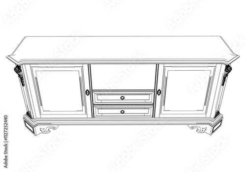 Elegant antique sideboard furniture and home interior decorations in trendy vintage retro style. Modern hand drawn black sketch vector illustrations isolated on white background