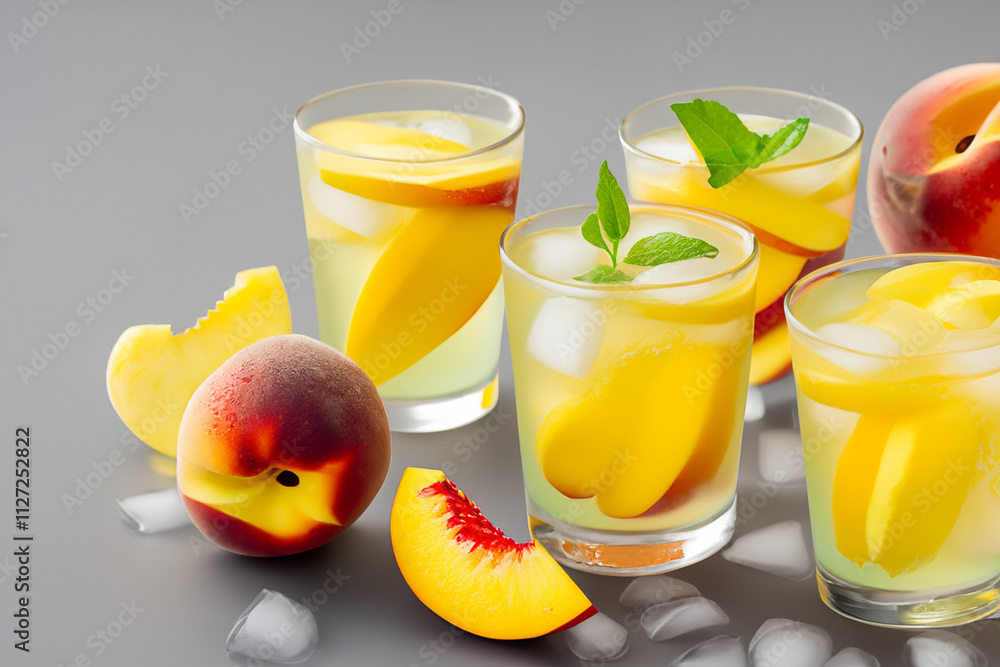 Three glasses filled with peach and mint ice. Lemonade with peach and gray background. Glass of ice cubes with peach on a gray background. A glass of lemonade with ice cubes and lifestyle a peach on. Three glasses filled with peach and mint ice. Lemonade with peach and gray background. Glass of ice cubes with peach on a gray background. A glass of lemonade with ice cubes and lifestyle a peach on.