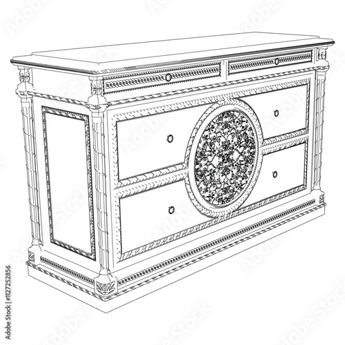 Elegant antique sideboard furniture and home interior decorations in trendy vintage retro style. Modern hand drawn black sketch vector illustrations isolated on white background
