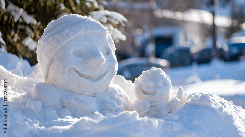 A family having a friendly competition to see who can build the best snow sculpture.