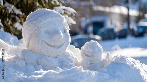 Obraz na płótnie A family having a friendly competition to see who can build the best snow sculpture. w salonie