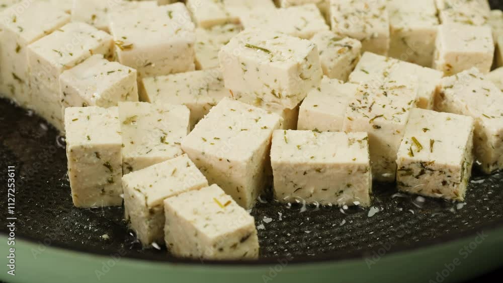 Fried tofu with sesame seeds and spices on cast iron pan, cooking japanese salad. Healthy ingredient for cooking vegan vegetarian diet food. Roasted tofu over black background. Fried tofu with sesame seeds and spices on cast iron pan, cooking japanese salad. Healthy ingredient for cooking vegan vegetarian diet food. Roasted tofu over black background.