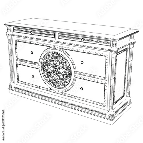 Elegant antique sideboard furniture and home interior decorations in trendy vintage retro style. Modern hand drawn black sketch vector illustrations isolated on white background