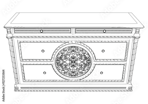Elegant antique sideboard furniture and home interior decorations in trendy vintage retro style. Modern hand drawn black sketch vector illustrations isolated on white background