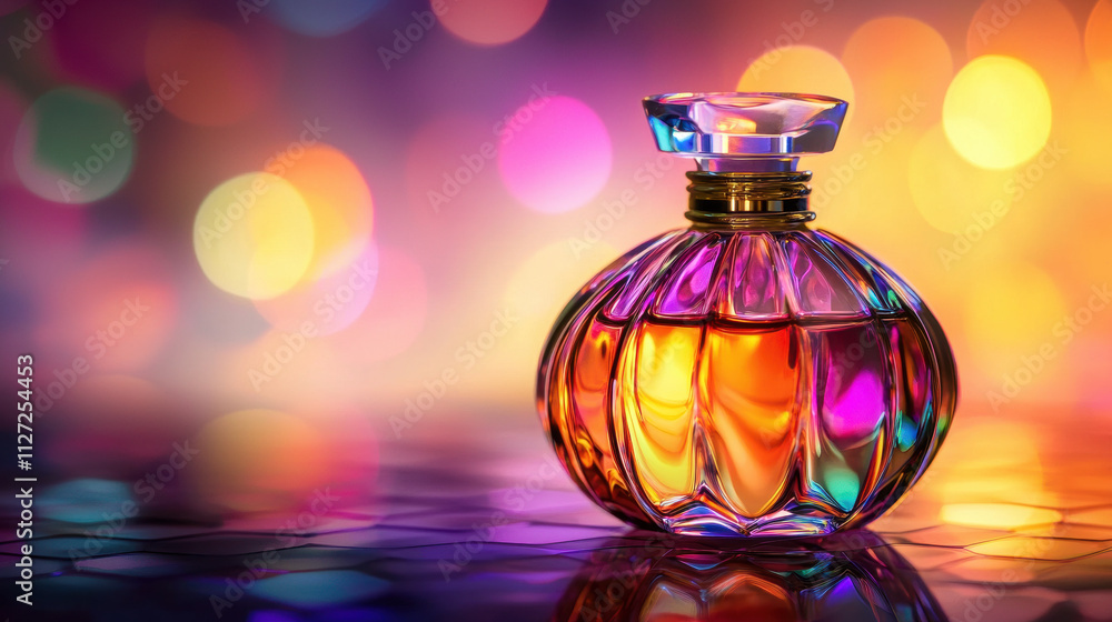 Colorful glass perfume bottle with bright liquid inside, glowing reflections, elegant design, high contrast lighting Colorful glass perfume bottle with bright liquid inside, glowing reflections, elegant design, high contrast lighting