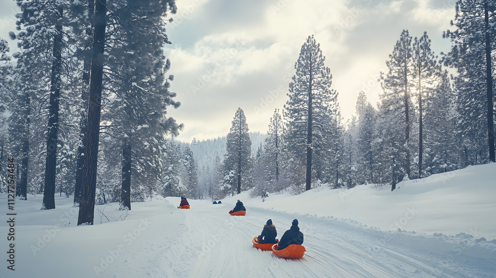 A family riding sleds together down a gentle snowy slope in a forest.
