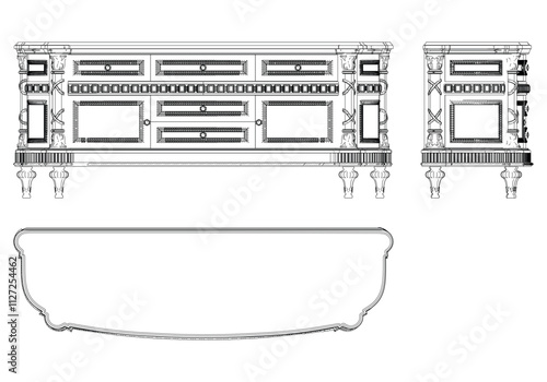 Sideboard for the living room hand-painted in different sizes and types, Elegant baroque and classical designs. Vector Illustration with Front, Side, and Top Views