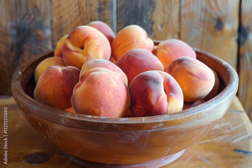 Fresh peaches in a wooden bowl placed on a rustic table, showcasing vibrant colors and natural textures that evoke a healthy, summer vibe Fresh peaches in a wooden bowl placed on a rustic table, showcasing vibrant colors and natural textures that evoke a healthy, summer vibe