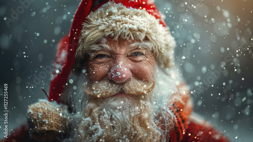 Photo of a person Santa Claus in Christmas Xmas red cap hat and costume on winter background