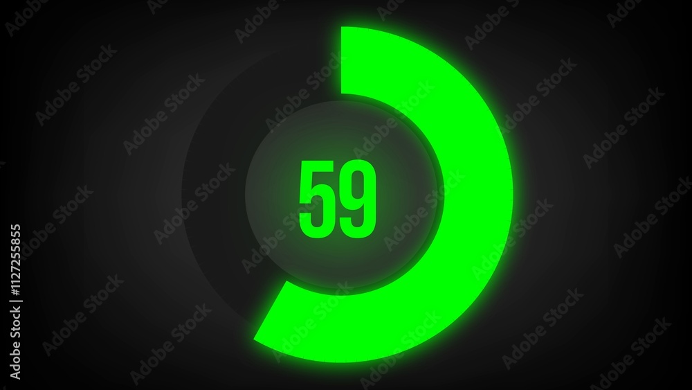Numerical counting 59. Circular progress bar with bright neon green light in 59%. Numerical counting 59. Circular progress bar with bright neon green light in 59%.