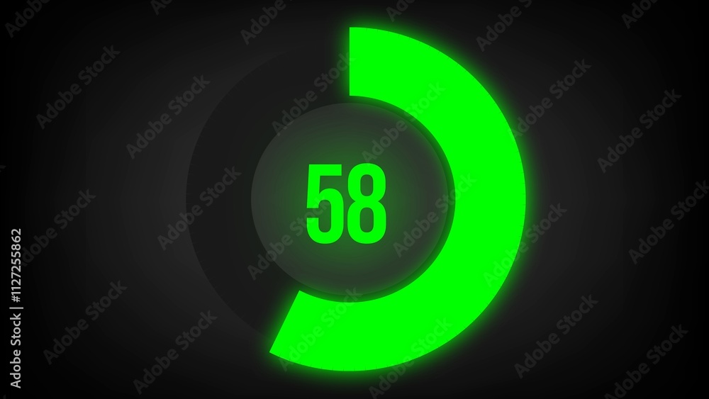 Numerical counting 58. Circular progress bar with bright neon green light in 58%. Numerical counting 58. Circular progress bar with bright neon green light in 58%.