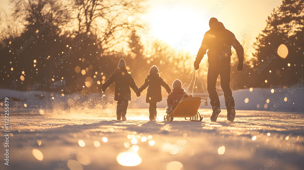 A family taking turns to pull each other on a sled across a frozen lake under a bright winter sun.