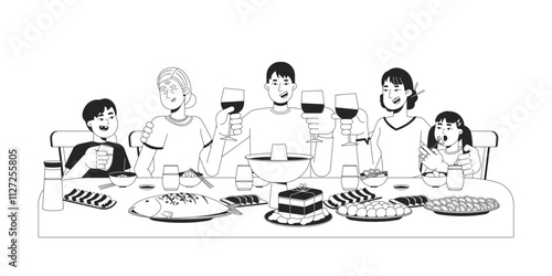Chinese family reunion dinner black and white 2D line characters. Meal on spring festival. Asian parents with children toasting glasses isolated vector outline people. Monochromatic spot illustration
