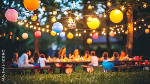 Festive outdoor dinner party at night with string lights and balloons.