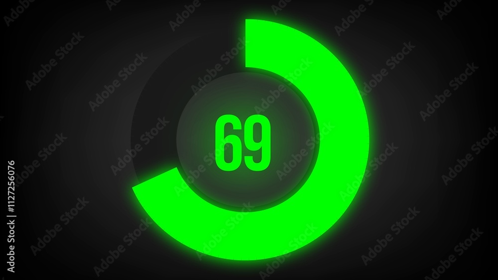 Numerical counting 69. Circular progress bar with bright neon green light in 69%. Numerical counting 69. Circular progress bar with bright neon green light in 69%.