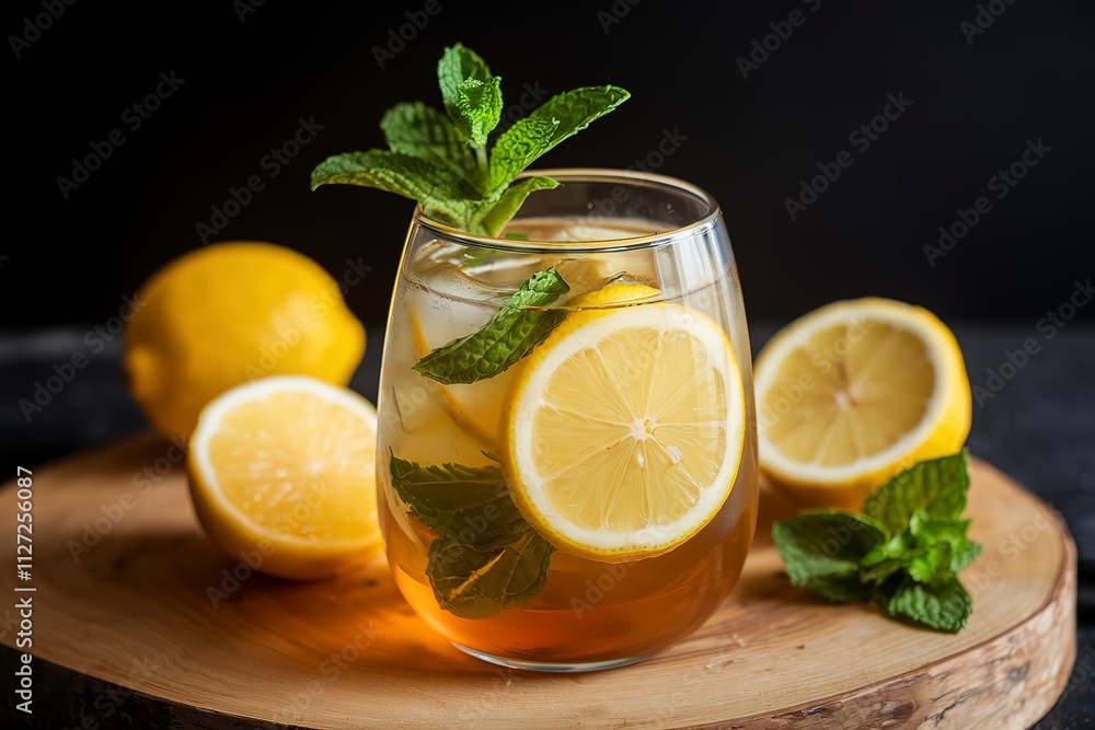 A photo of a glass of homemade ice tea with lemon slices and fresh mint leaves A photo of a glass of homemade ice tea with lemon slices and fresh mint leaves