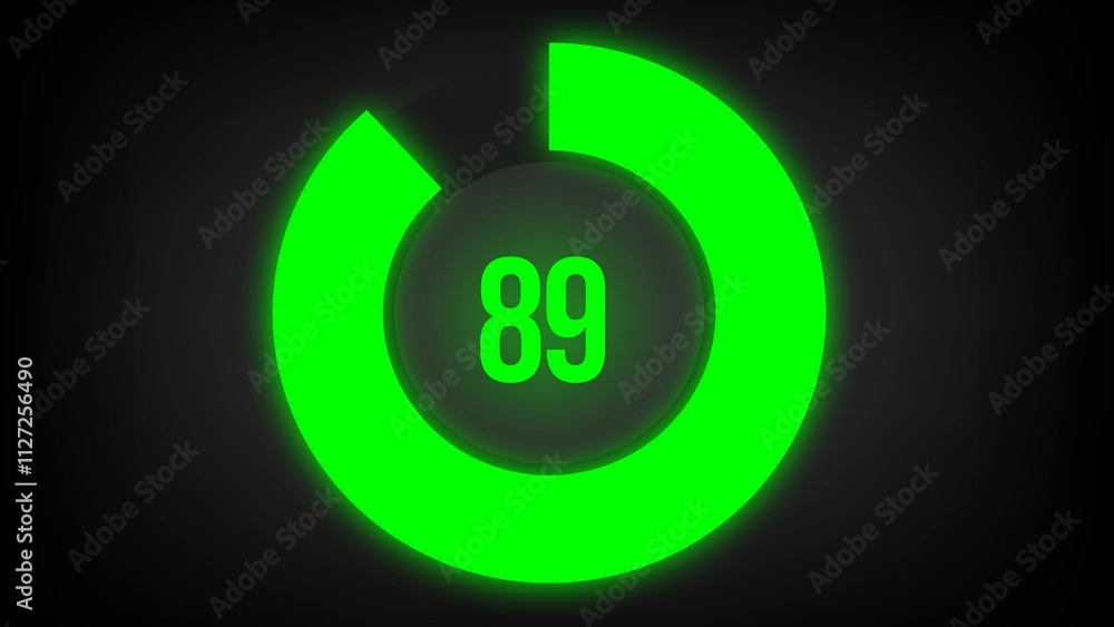 Numerical counting 89. Circular progress bar with bright neon green light in 89%. Numerical counting 89. Circular progress bar with bright neon green light in 89%.
