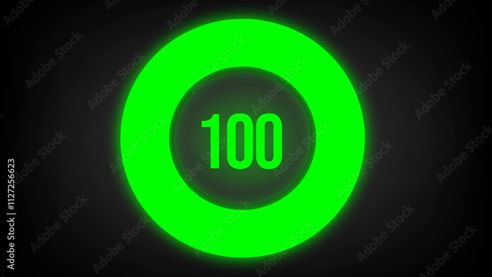Numerical counting 100. Circular progress bar with bright neon green light in 100%. Numerical counting 100. Circular progress bar with bright neon green light in 100%.