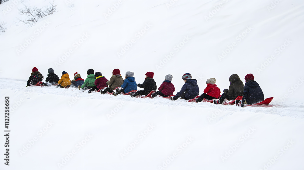 A group of children forming a train with their sleds sliding together down a snowy hill.