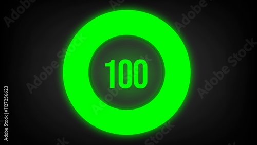 Numerical counting 100. Circular progress bar with bright neon green light in 100%.