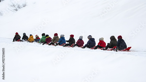 Obraz na płótnie A group of children forming a train with their sleds sliding together down a snowy hill. w salonie