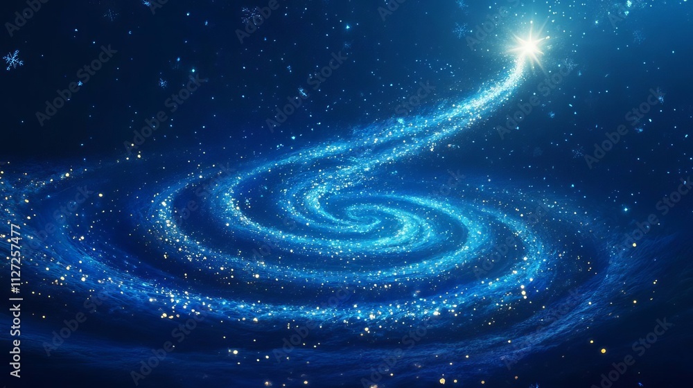 A swirling, abstract Christmas tree design, made of light blue, glowing particles forming a spiral shape against a deep blue background A swirling, abstract Christmas tree design, made of light blue, glowing particles forming a spiral shape against a deep blue background