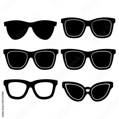 Black fashion sunglasses collection shape icons. Set of sunglasses art front view. Sunglasses elements silhouette art & illustration.