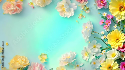 A blue background with a flowery border. The flowers are yellow and pink