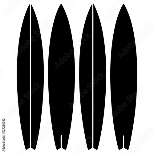 Black surfboard collection shape icons. Set of surfing board shapes art front view. Board elements silhouette art & illustration.