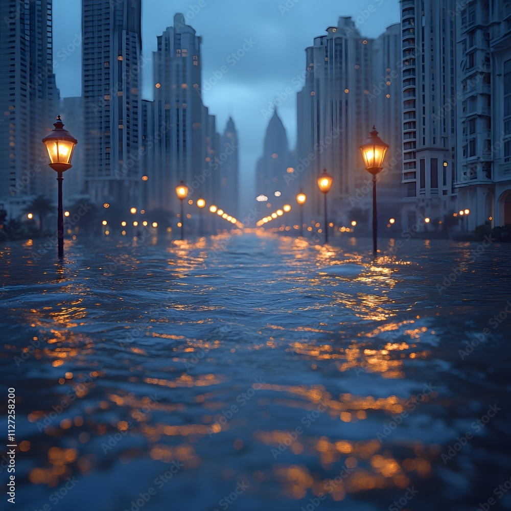 Fototapeta premium A modern city partially submerged in water, with only the tops of buildings and street lights visible