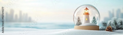 Christmas lighthouse snow globe, snowy shoreline, white background, watercolor style