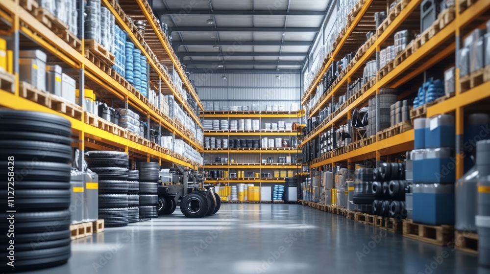 A professional display of high-quality automotive and road construction materials in the warehouse in the factory A professional display of high-quality automotive and road construction materials in the warehouse in the factory