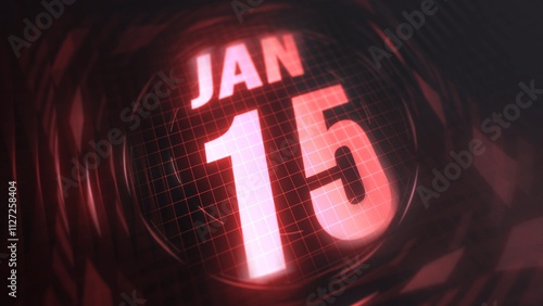 January 15st, hud calendar with neon red sign in 4k. Calendar with number and month with grid background. photo